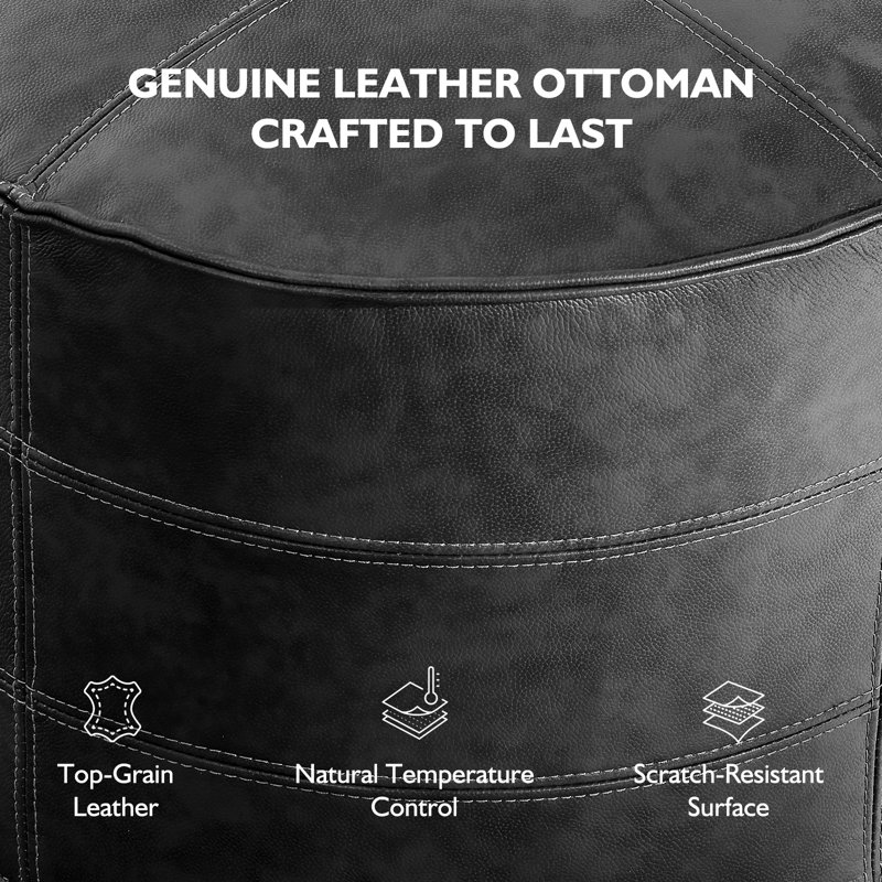 OEKO-TEX® STANDARD 100 Upholstered Footrest Pouf Full-Grain Genuine Leather Round Ottoman, Black