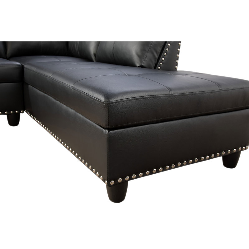 Morgynn Faux Leather L-Shaped Sectional, Black Faux Leather, Right Hand Facing