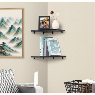 Floating Corner Shelves Set Of 2, Rustic Wood Wall Mounted Shelf Organizer For Living Room, Bedroom, Bathroom, Kitchen