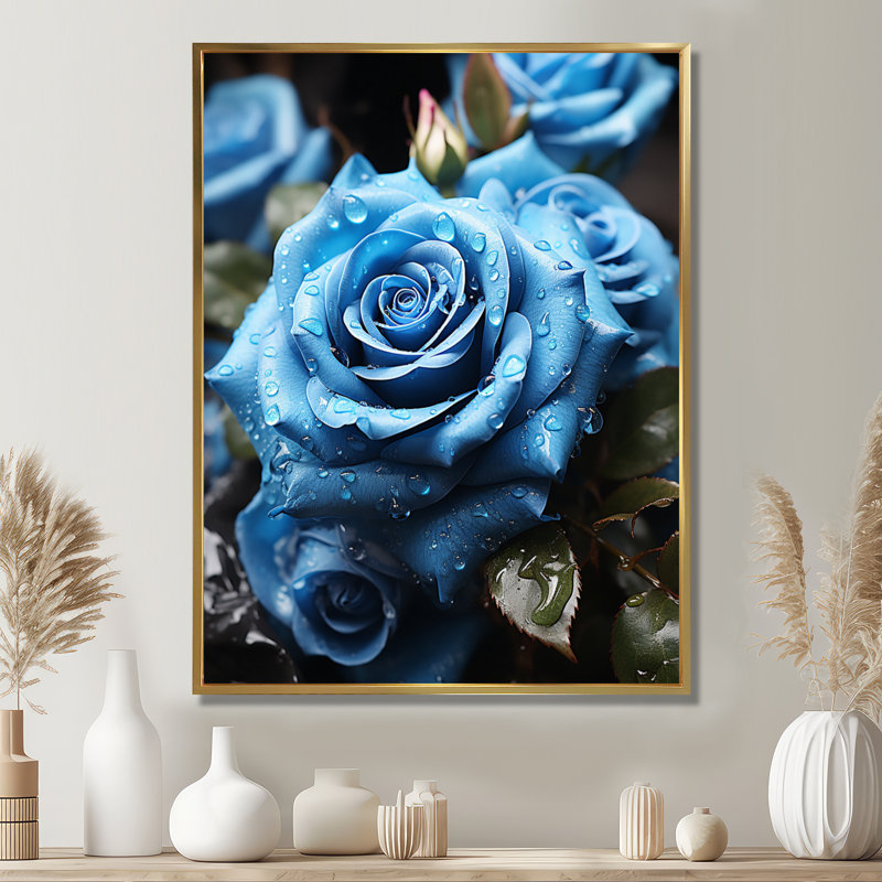 Bleu rose matin gouttelettes de rosée - art mural salon rose, Toile avec cadre flottant or, H 44 po x l 34 po x P 1,5 po