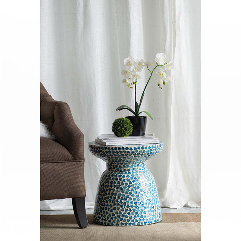 Capiz Garden Stool Small Side Tabel, Blue Accent Round End Table