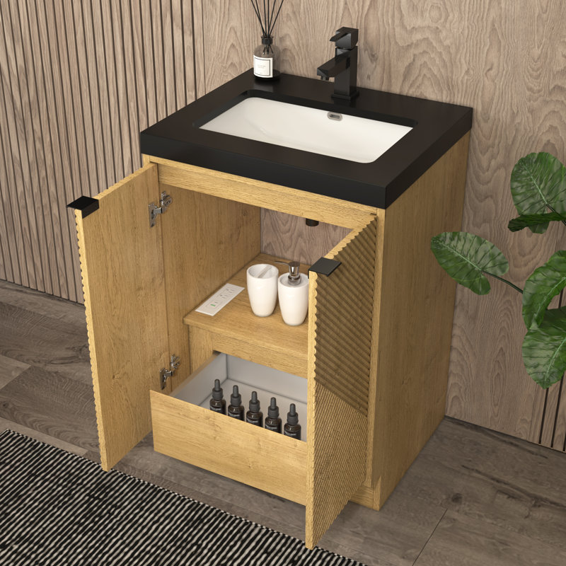 Monterey 23.6" Inch Freestanding Bathroom Vanity + Reinforced Black Acrylic Sink, Oak
