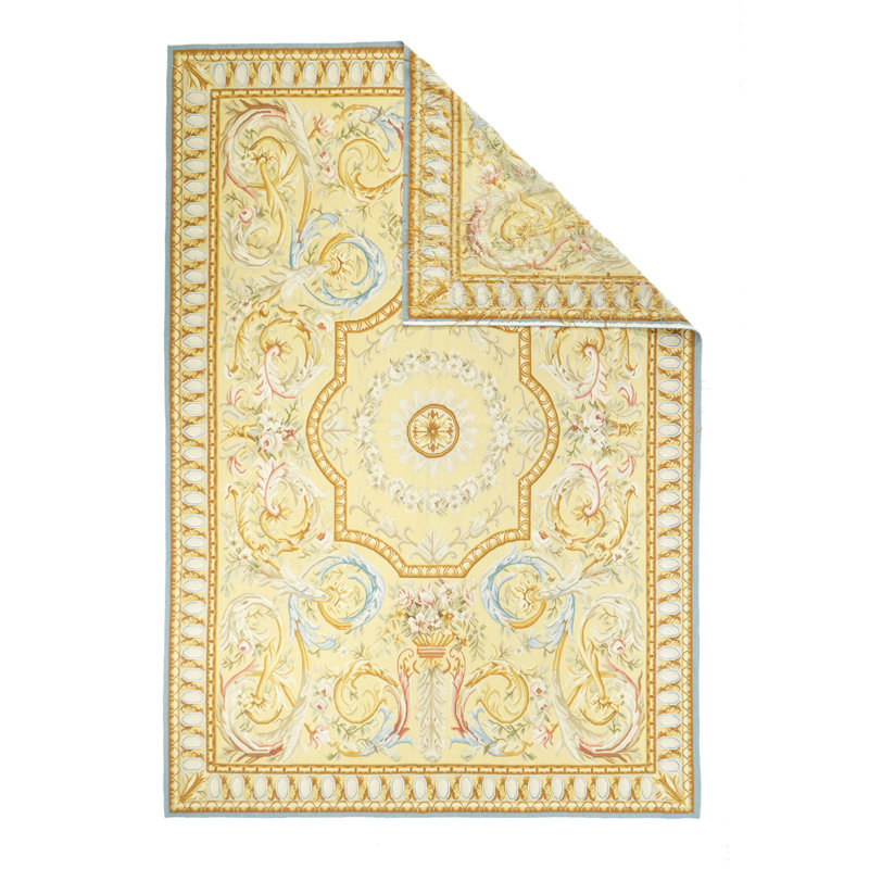 Tapis jaune en laine noué à la main de conception unique 6 pi x 9 pi