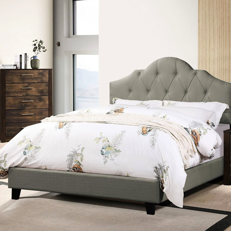 Lit double transitionnel gris, tapissier avec tête de lit arquée et tête de lit contemporaine en polyfibre, magnifique