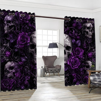 2 PCS rideaux occultants avec œillets, crânes gothiques et roses à imprimé de polyester, isolants thermiques, réducteurs de bruit, protection de la vie privée, rideaux obscurcissants pour la chambre à coucher