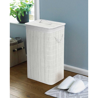 Rectangular Bamboo Laundry Hamper Basket Clothes Storage Organizer With Lid (Nouveau White)