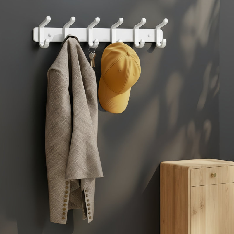 White Wall-Mounted Heavy-Duty Metal Hanger (1-Pack) Comes With 6 Hooks. It Can Hang Hats, Clothes, Bathrobes, Keys, Backpacks, Bathroom Towels, Coats And Wallets, And Is Suitable For Wardrobes, Foyers, Entryways And Mudrooms.