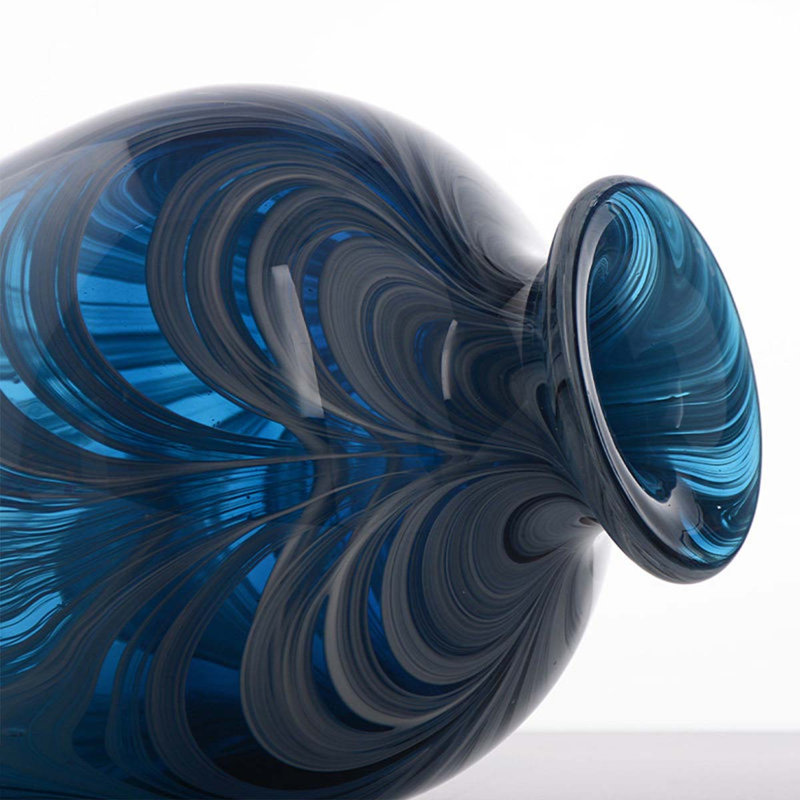 Vase de table en verre soufflé à la main bleu et blanc Amphora