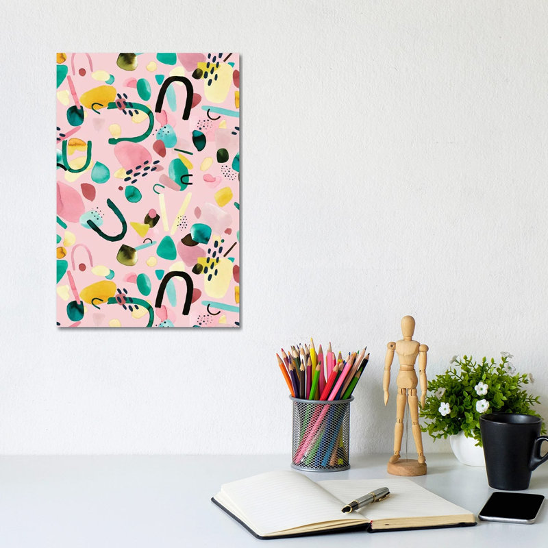 Abstract Geometric Pieces Pink Green - Wrapped Canvas Painting - Wrapped Canvas Painting, 30.48cm H x 20.32cm W x 1.91cm D