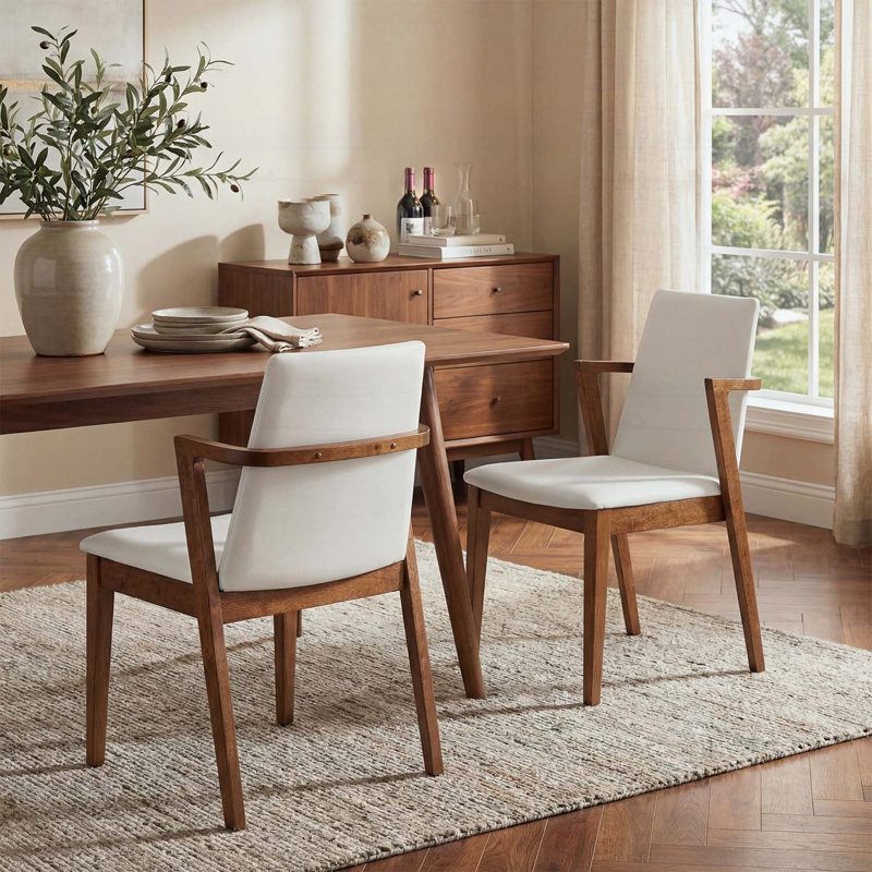 Ensemble de 2 chaises de salle à manger de style Mid-Century moderne en polyuréthane beige avec structure couleur noyer, capacité de 250 lb