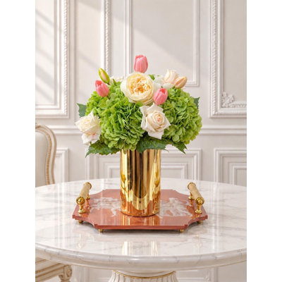 Centre de table tulipe d'hortensia rose 17 po en vase doré, arrangement floral artificiel avec de l'eau artificielle pour table de salle à manger