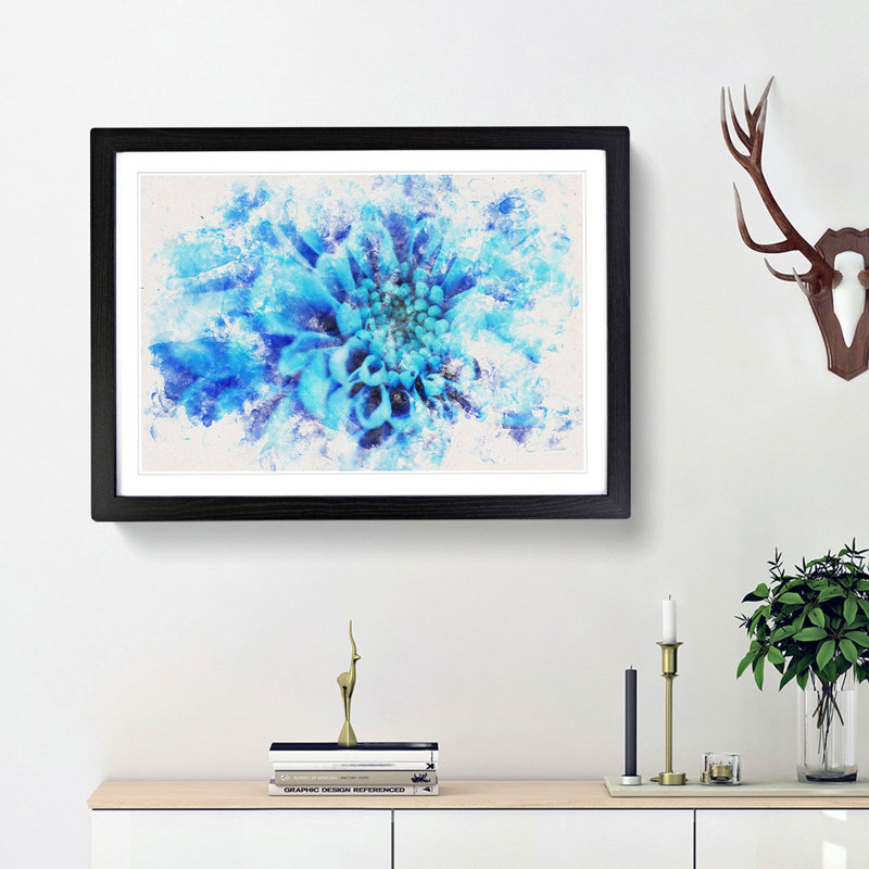 Blue Dahlia Flower - Picture Frame Graphic Art Print, 45cm H x 63cm W x 2cm D, Black Framed