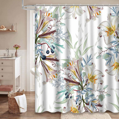 Trendy White Floral Kind Gold Shower Curtain with 12 Hooks