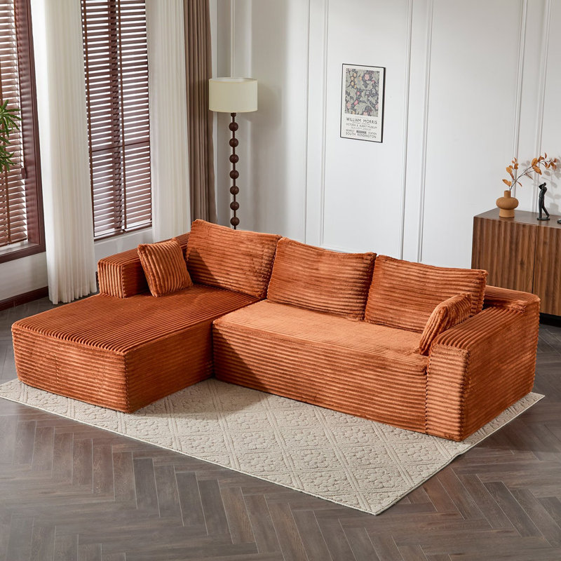 110" Wide Corduroy L Shape Sectional Couch with Chaise, Orange Corduroy