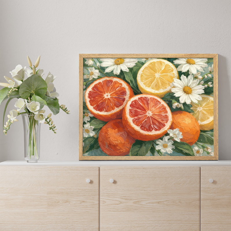 Citrus Floral Framed Wall Art Prints - Grapefruit lemon with daisies for kitchen, Naturel, H 11 po x l 14 po