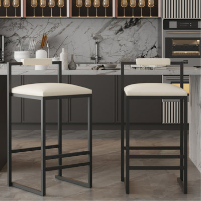 Modern Metal Frame Bar Stools Of 2 - Beige Faux Leather, Suitable For Counter, Kitchen Island 2 Leather Upholstered Kitchen, Dining Room