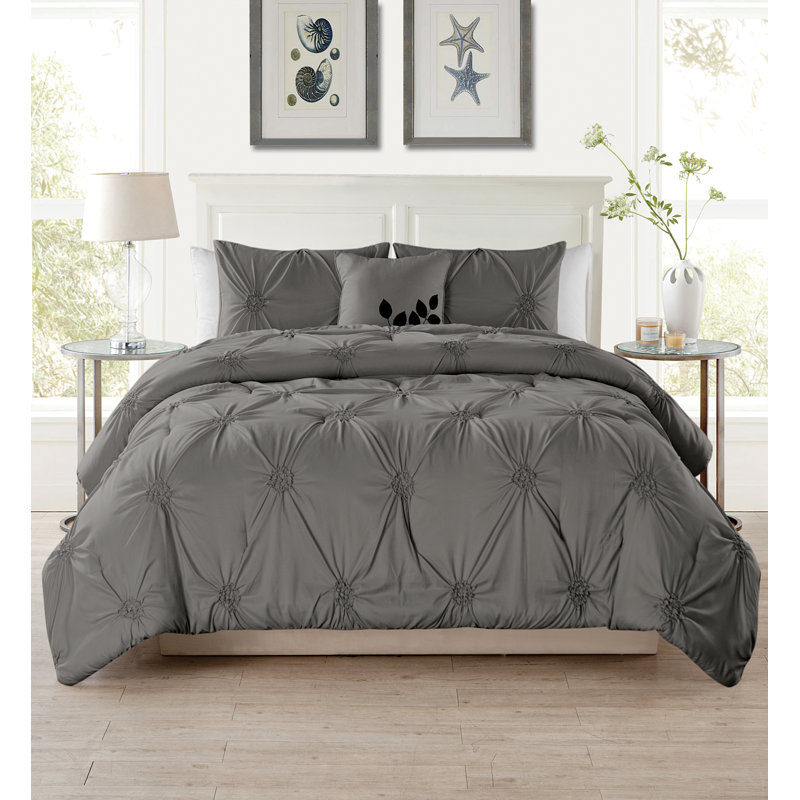 Polyester Floral Comforter, Gray, Queen Comforter + 2 Shams + Throw Pillow