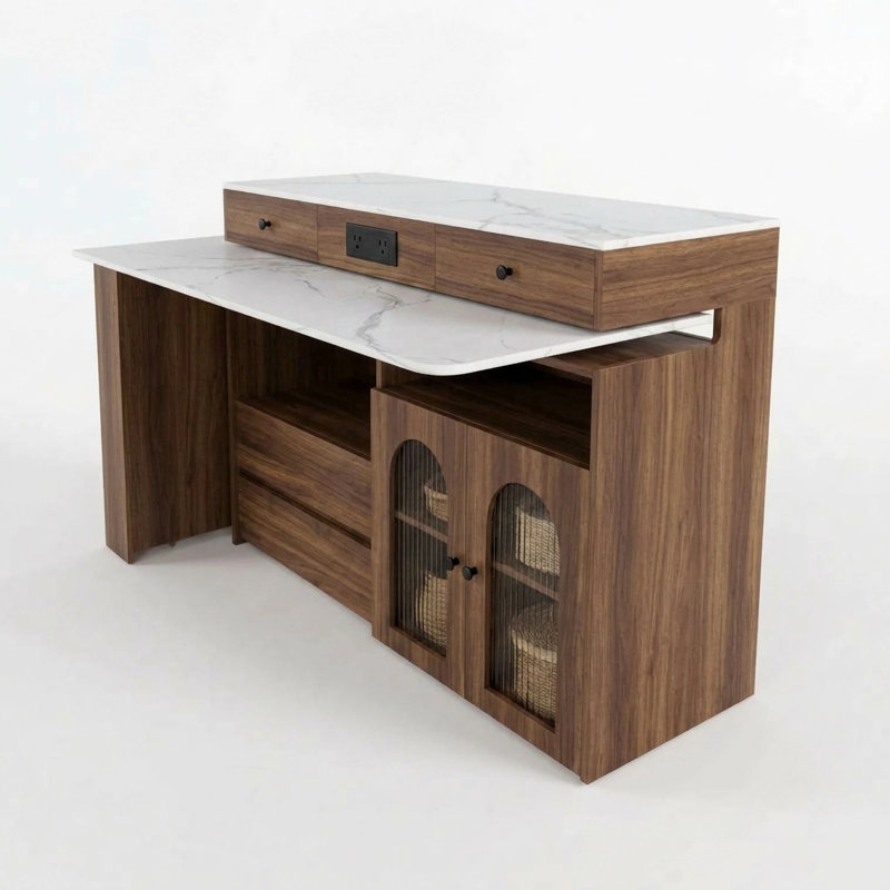 Îlot de cuisine avec table extensible et pivotante, MDF avec placage de marbre, design rétro, 4 tiroirs et placards à portes vitrées avec prise intégrée, coin repas extensible pour 2 à 4 personnes (noyer)