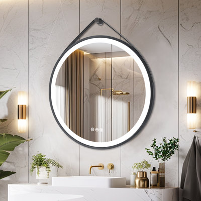 Miroir rond de salle de bain à DEL, miroir de maquillage mural pour meuble-lavabo avec sangle en cuir, 3 températures de couleur à intensité variable, fonction antibuée et mémoire, miroir mural à DEL