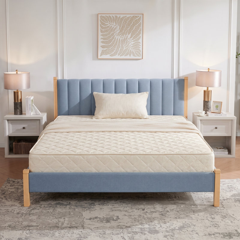 Scandinavian Channel-Tufted Upholstered Bedwith Solid Wood Frame, King ,Blue Linen, Light Blue, King