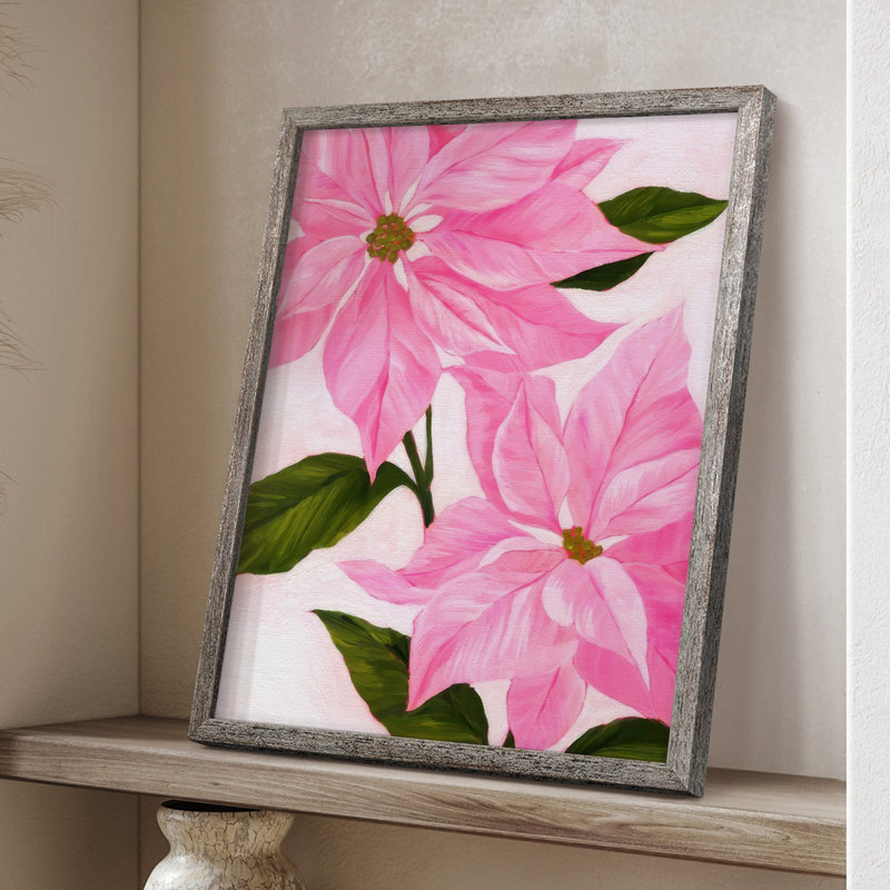«Neon Pink Poinsettias I», reproduction encadrée - bois massif