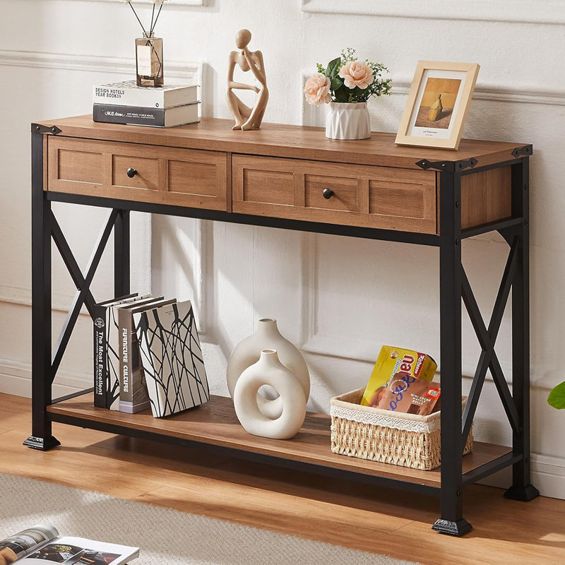 Table d'entrée, console rustique à 2 tiroirs, consoles industrielles avec rangement pour vestibule, couloir, salon, brun, 47 po