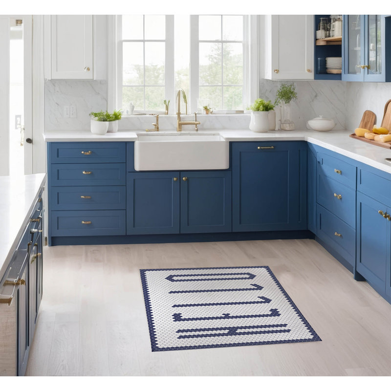 Tapis de cuisine Penny Tile Hello, Rectangulaire 3 pi x 5 pi, Marine