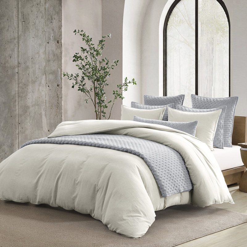 Ensemble de housse de couette en lin pur délavé DKNY - blanc doux, Queen Duvet Cover + 2 Shams