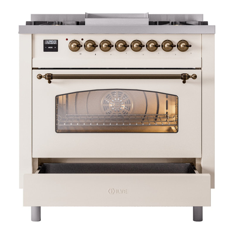 Cuisinière à double combustible ILVE Nostalgie II Series 36 po avec 6 brûleurs scellés et plaque de cuisson (gaz naturel, porte vitrée)