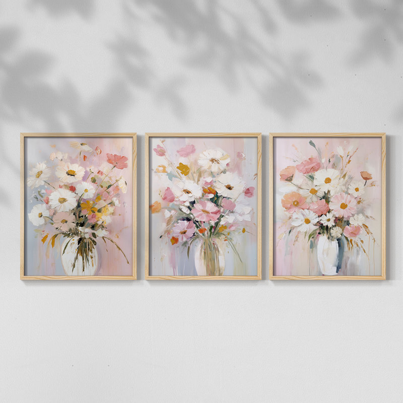 Étude florale série CX III - ensemble de 3 estampes numériques encadrées - prêt à, Encadré naturel, H 10 po x l 8 po