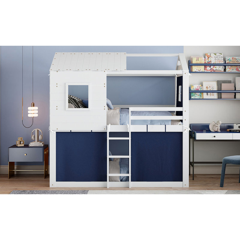 Lit superposé simple en bois bleu et blanc avec tente, environnement de sommeil et de jeu confortable, pin, lattes pour la conservation du matelas, élément central de la chambre à coucher