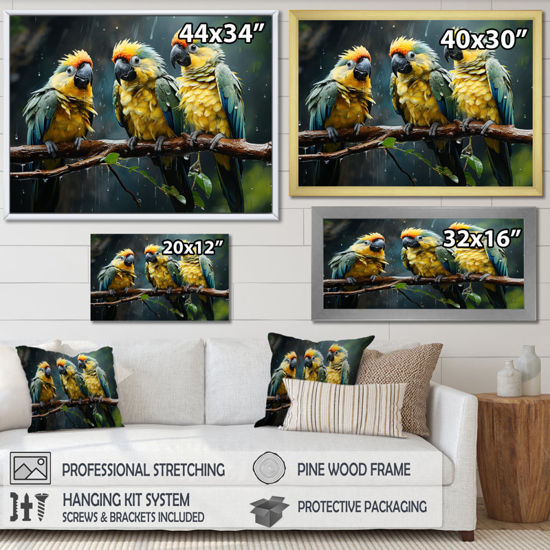 Green And Yellow Parrots Rainforest Chorus I - Parrot Canvas Art Print, Cadre flottant noir, H 34 po x l 44 po x P 1,5 po