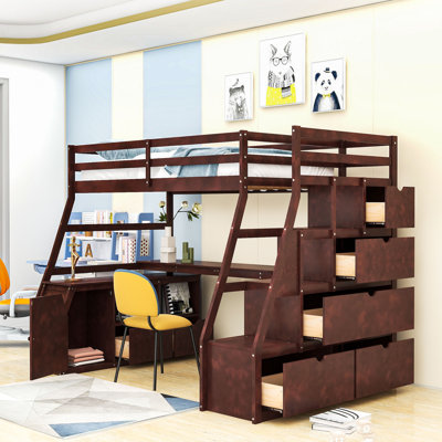 Lit mezzanine en bois avec sept tiroirs Kerth