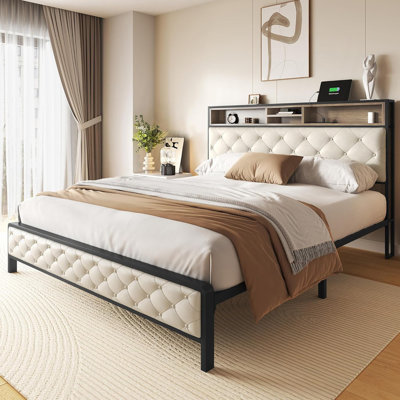 Beige Queen Platform Bed Frame - Upholstered Storage Headboard And Footboard, Metal Slats, Charging Station, No Box Spring Required (No Drawers).