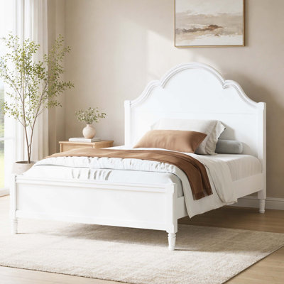 Solid Wood Full Platform Bed Frame, Vintage Curved Arch Headboard Bed with Turned Decorative Legs & Full Wood Slat Mattress Support