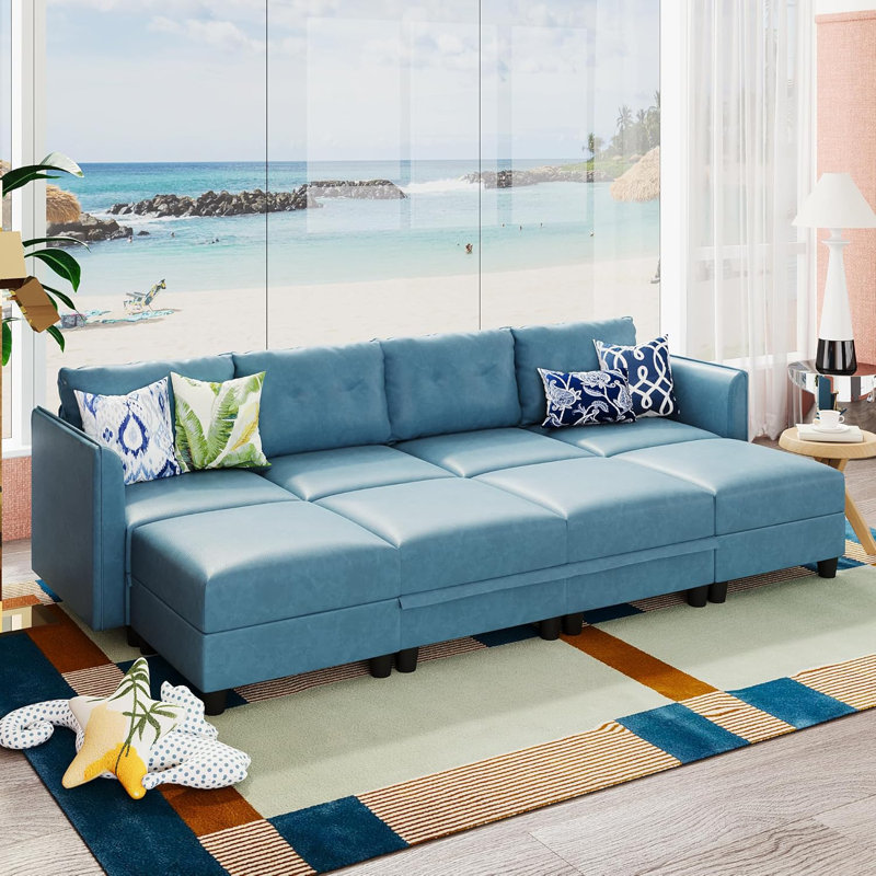 Canapé modulaire rembourré avec repose-pieds Zendajas, Mélange de polyester bleu ciel