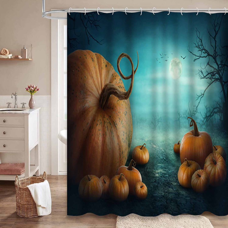 Rideau de douche d'Halloween citrouille vert avec 12 crochets, L 72 po x l 78 po