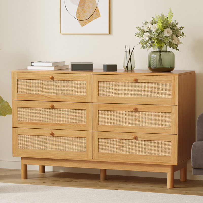 6 Drawer Rattan Dresser For Bedroom, Boho Double Dresser With Wooden Handles For Living Room