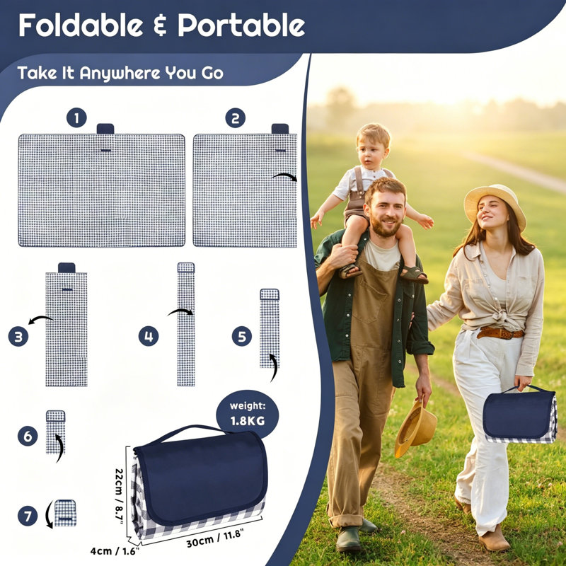 Extra Large 300 x 200 cm Waterproof Sandproof Picnic Blanket, Foldable Portable Outdoor Beach Mat with Carry Handle, Family Rug for Camping, Hiking, Park & Beach – Blue