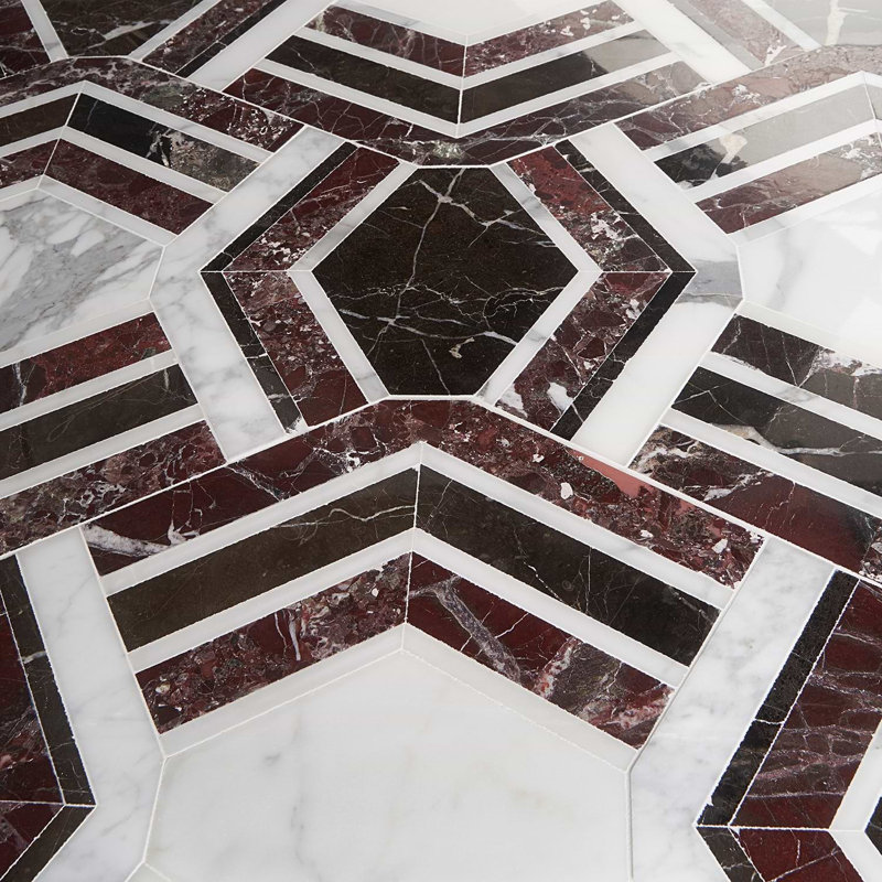 Mezzo 11x18 Polished Calacatta Marble Mosaic Tile, Bordeaux Polished