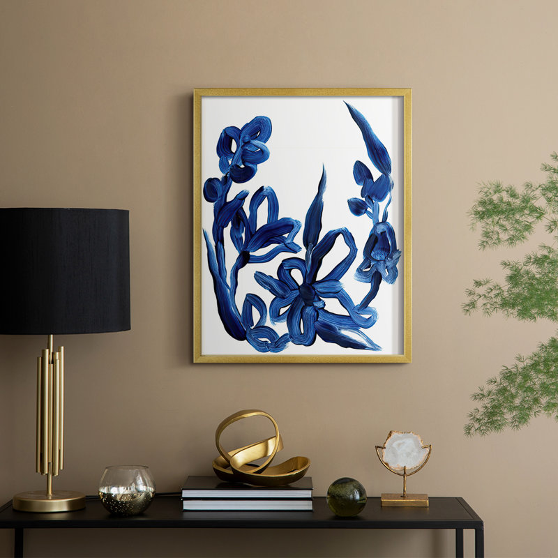 «Indigo Brush Blooms II», reproduction encadrée - bois massif, H 11 po x l 9 po, Doré