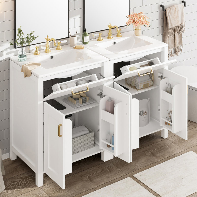 Meuble-lavabo double de 48 pouces avec lavabos en céramique, finition peinte, porte à fermeture en douceur et tablette ajustable en forme de U pour un rangement optimal de la salle de bain moderne avec tiroir rabattable, poignées dorées A