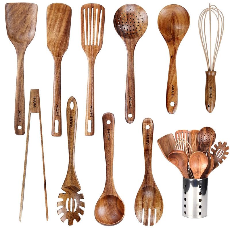 Ensemble d'ustensiles de cuisine 11 pièces, ensemble d'ustensiles de cuisine en bois
