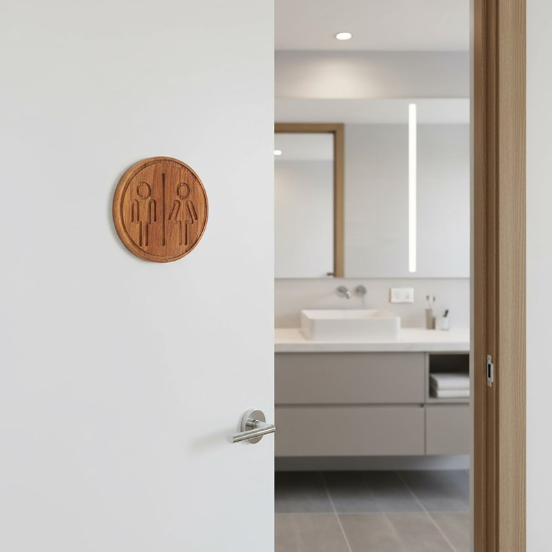 Plaque de porte en bois pour salle de bain, Brun
