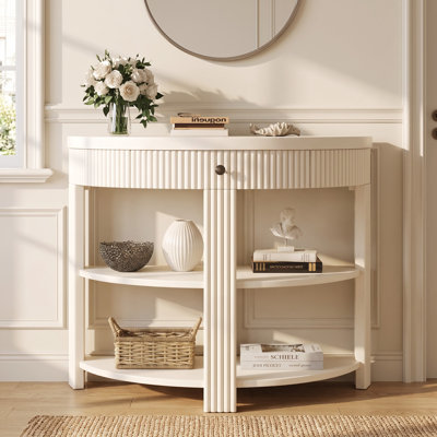 Console cannelée demi-lune avec tiroir et 2 tablettes ouvertes