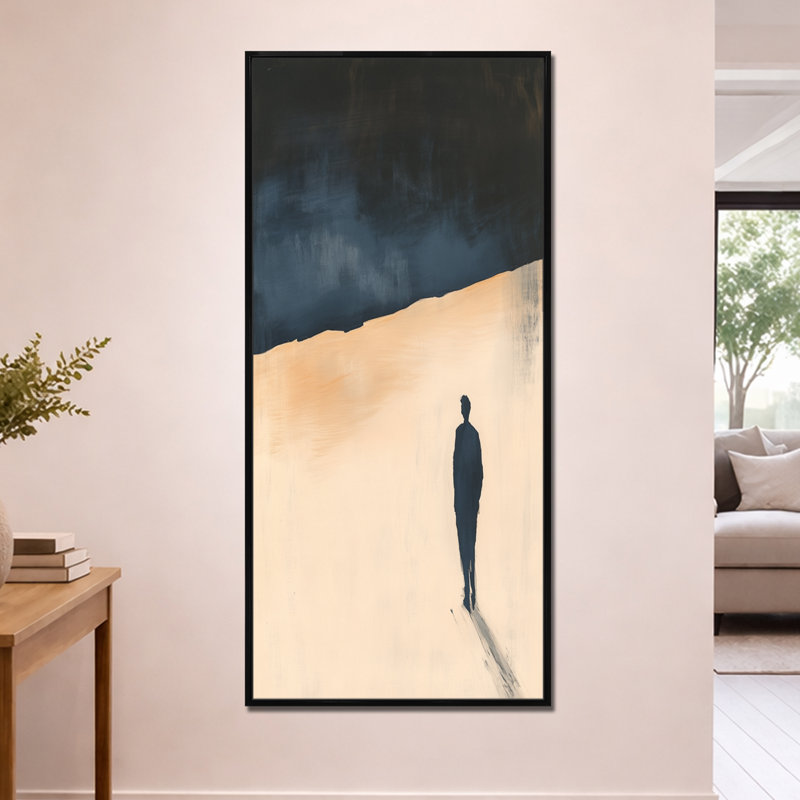 Voyageur solitaire sur la côte - Silhouette marine sur toile encadrée, H 60 po x l 28 po, Cadre flottant noir