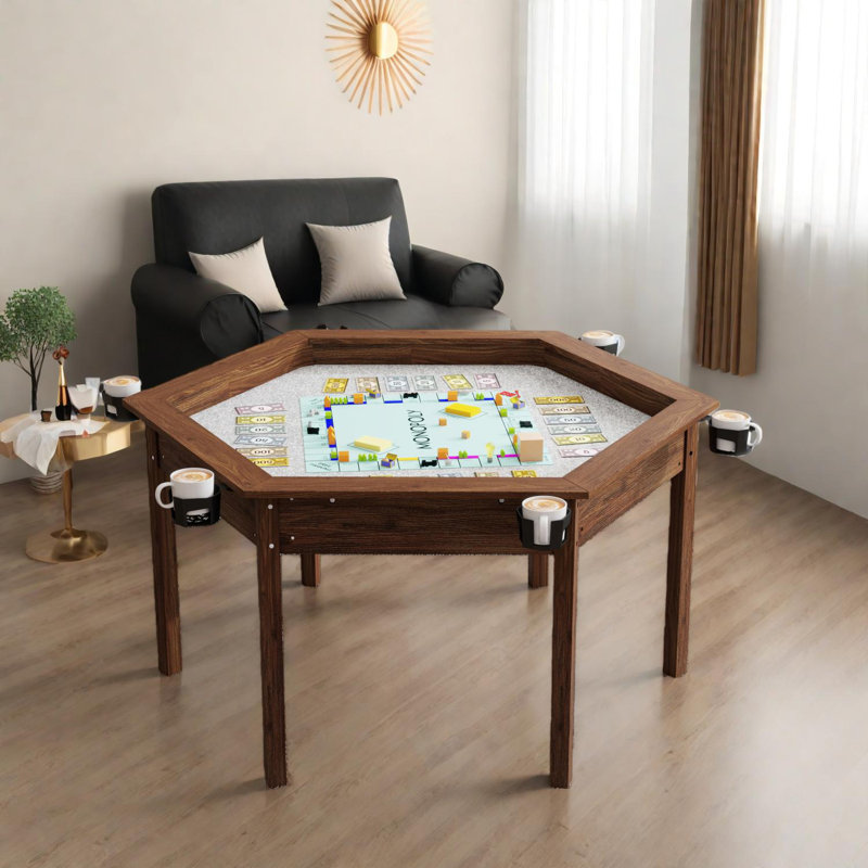 Table de jeu hexagonale pour 6 joueurs avec plateau de salle à manger amovible, aire de jeu encastrée et porte-gobelets rotatifs