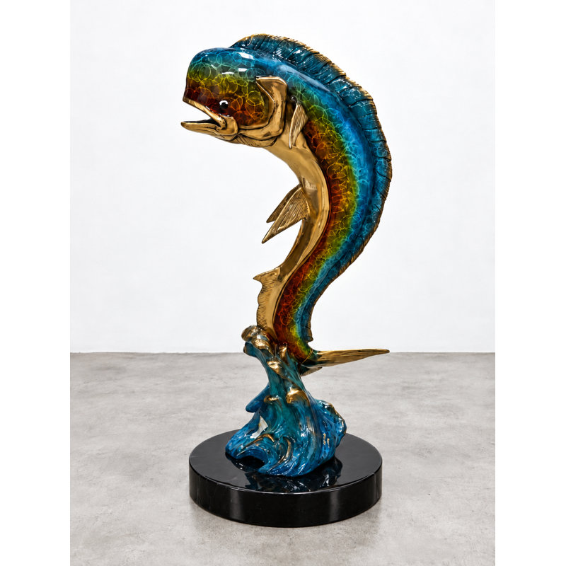 Sculptures & Beyond Mahi Mahi (Dorado) Cast Bronze Sculpture – Lost-Wax Bronze with Hand-Applied Patina on Black Marble Base – Coastal & Nautical Decorative Art for Home, Garden, Poolside & Outdoor Décor – Emerald Breaker – 32"H