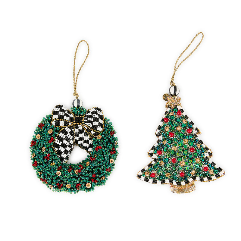 Holiday Beaded Wreath and Tree Ornaments, Set of 2