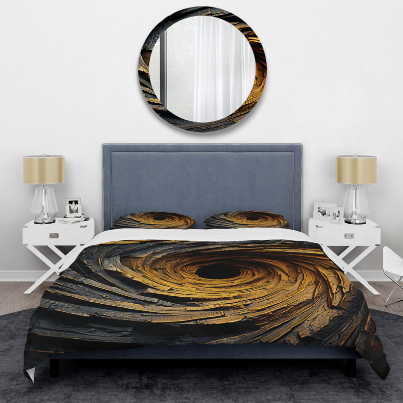 Yellow and Black Abstract Spiral Microfiber Queen Duvet Cover Set